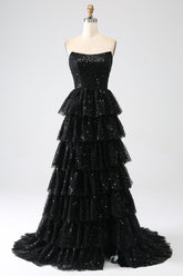 A-Linie Pailletten Schwarzes gestuftes Ballkleid mit Schlitz